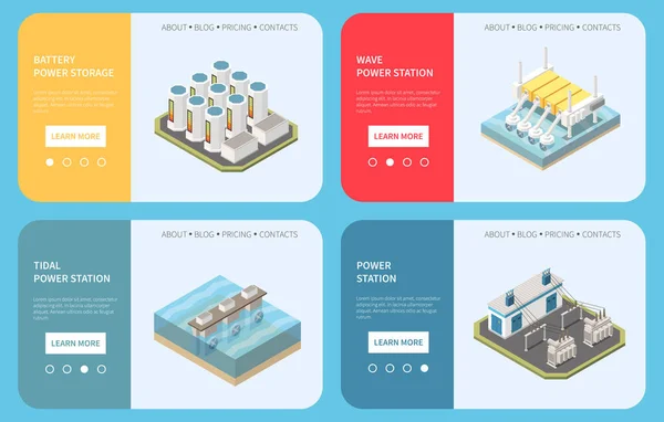 Isometrische Horizontale Banners Voor Groene Energie Met Geïsoleerde Vectorafbeeldingen Van — Stockvector