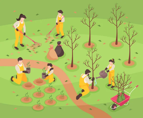 Los Adolescentes Trabajan Parque Regando Árboles Plantas Semillero Ilustración Vectorial — Vector de stock