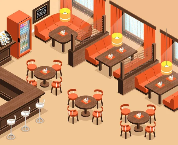 带有不同表和酒吧计数器等距矢量插图的空餐馆内部 — 图库矢量图片