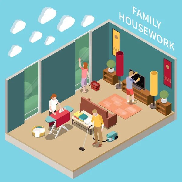 Σπίτι Δουλειές Ισομετρική Σύνθεση Μέλη Της Οικογένειας Καθαρισμού Τοίχους Σκούπισμα — Διανυσματικό Αρχείο