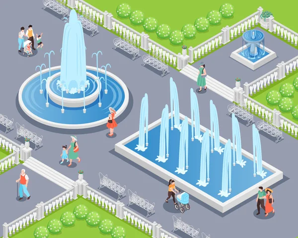 Su çeşmeleri vektör illüstrasyonunda yürüyen insanların olduğu Isometric şehir parkı kompozisyonu