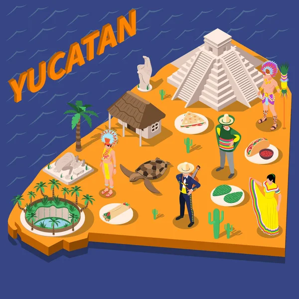 Yucatan Viagem Composição Mapa Isométrico Com Texto Plataforma Ilha Poligonal —  Vetores de Stock
