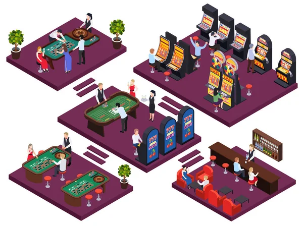 带有游戏摊位机的一组平台的赌场等距构图 — 图库矢量图片