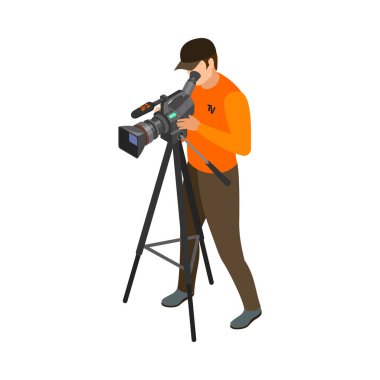 TV kameramanı 3d vektör illüstrasyonunun Isometric karakteri