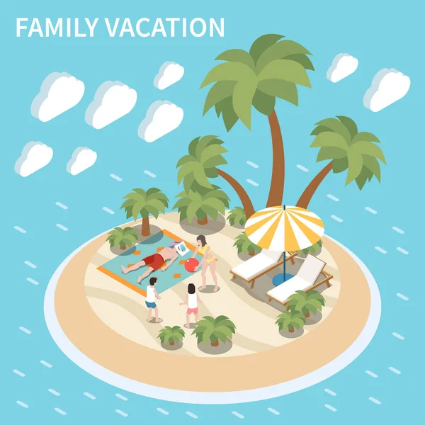 Güney Adasında Yaz Tatili Izometrik Arka Planda Aile Güneşlenmesi Dinlenme — Stok Vektör