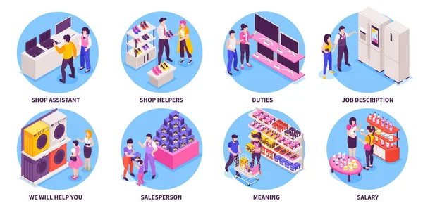 Shop Assistants Helping Recommending Products Customers Isometric Compositions Set Isolated — Stock Vector