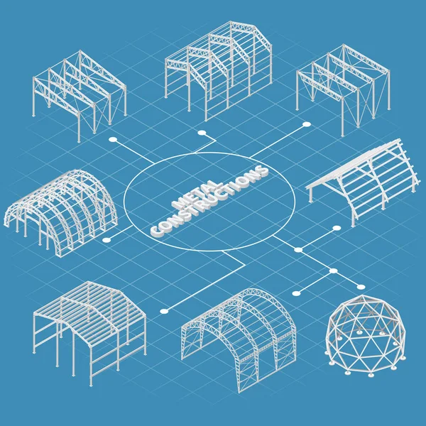 Fémkonstrukciók Folyamatábrája Ipari Épületek Szerkezeti Szimbólumokkal Izometrikus Vektor Illusztráció — Stock Vector