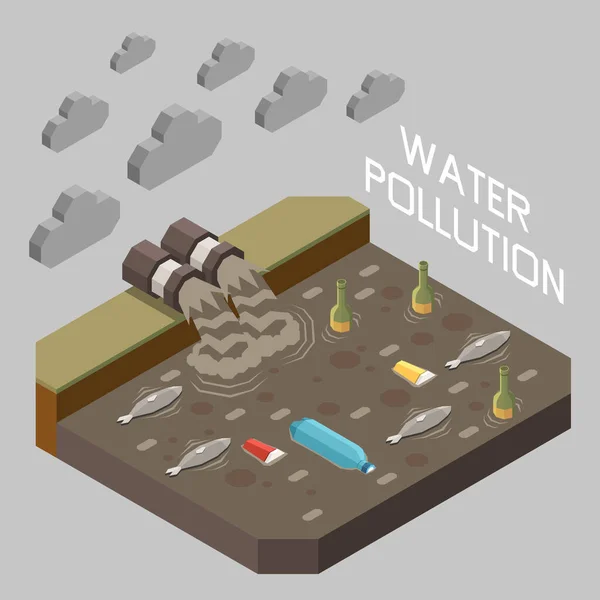 Koncepcja Izometryczna Katastrofy Naturalnej Technologicznej Ilustracją Wektora Zanieczyszczenia Wody — Wektor stockowy