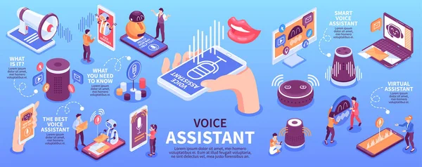 Infografica Assistente Vocale Con Altoparlanti Intelligenti Diversi Dispositivi Elettronici Utilizzando — Vettoriale Stock