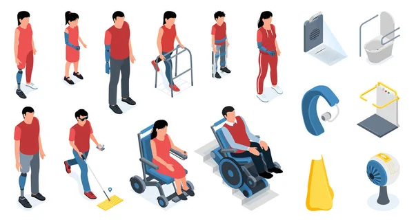 Engelli Insanlar Protez Bacaklı Izometrik Ikonlar Kullanıyor Burun Tekerlekli Sandalye — Stok Vektör