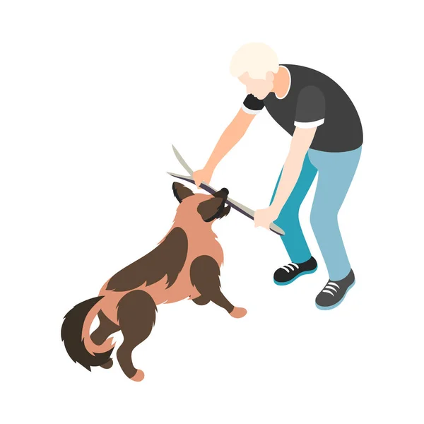 Isometric Man Playing His Dog Outdoors Stick Vector Illustration — Stock Vector