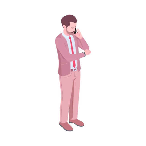 Isometric Businessman Character Talking Phone Looking Watch Vector Illustration — Stock Vector