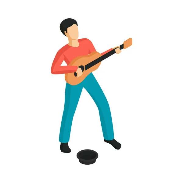 Isometric Faceless Character Street Musician Hat Money Playing Guitar Vector — Stock Vector