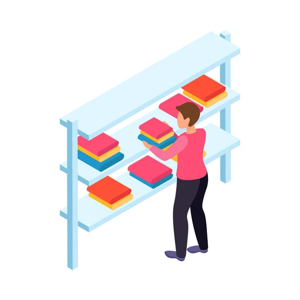 Isometric Laundry Room Interior Icon Worker Putting Clean Linen Shelves — Stock Vector