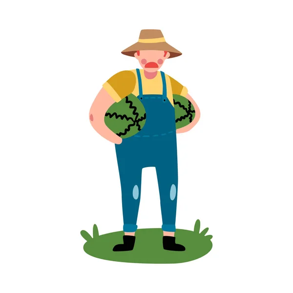Flat Male Farmer Holding Two Ripe Watermelons Vector Illustration — Stock Vector
