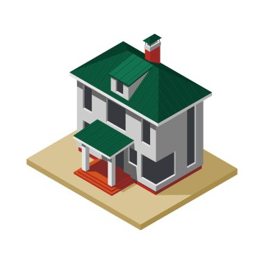Penceresiz tamamlanmamış bina ile ev inşa aşaması izometrik simgesi 3d vektör illüstrasyonu