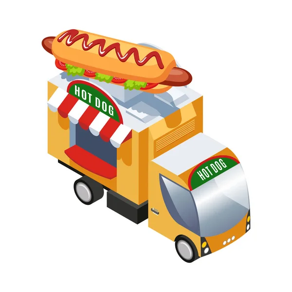 Izometryczne Kolorowe Uliczne Jedzenie Ciężarówka Sprzedaży Hot Dogi Wektor Ilustracji — Wektor stockowy