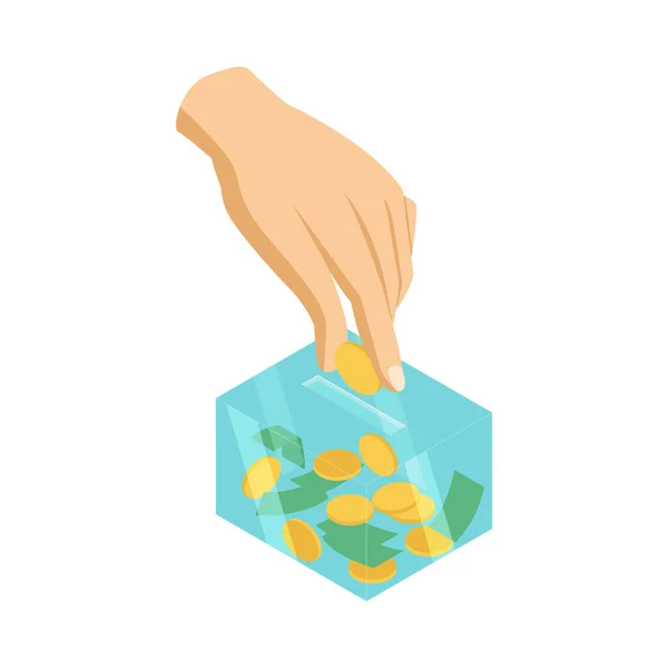 Isometrische Liefdadigheid Icoon Met Menselijke Hand Doneren Geld Vector Illustratie — Stockvector