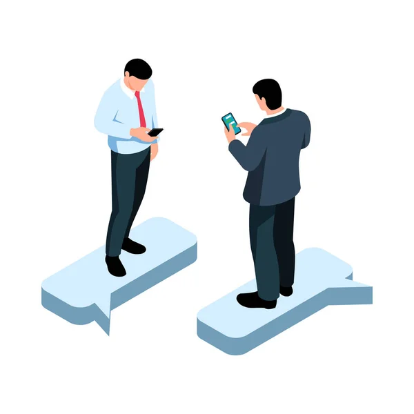 Businesspeople Isometric Concept Two Men Sending Text Messages Phones Isolated — Stock Vector