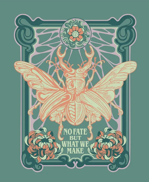Escarabajo Egipcio Marco Art Nouveau Flores Ilustración Con Eslogan Diseño — Vector de stock