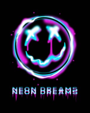 Neon Rüyalar sloganı: Neon püskürtülmüş emoji simgesi ile baskı tasarımı
