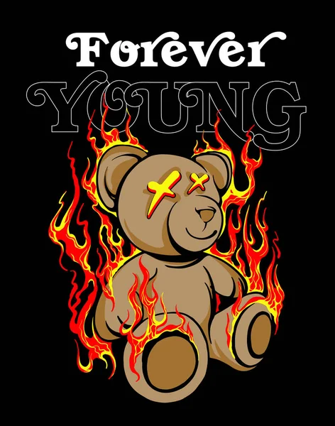 Forever Young Slogan Stampa Design Con Bruciante Orsacchiotto Illustrazione — Vettoriale Stock