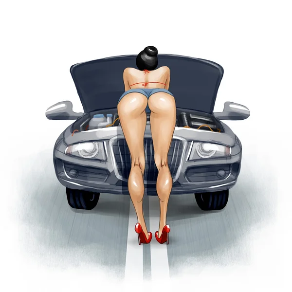 Sexy chica repara el coche — Foto de Stock