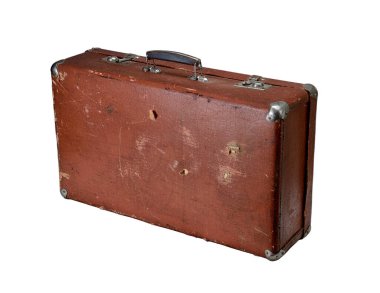 Old leather brown vintage travel suitcase isolated on white background. Symbol and concept of travel. Adventure time. isometry Right view isometry