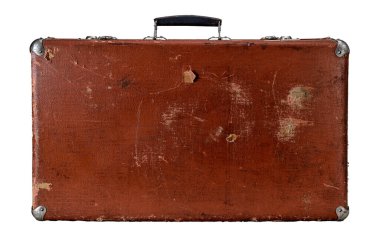 Old leather brown vintage travel suitcase isolated on white background. Symbol and concept of travel. Adventure time. 