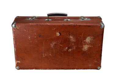 Old leather brown vintage travel suitcase isolated on white background. Symbol and concept of travel. Adventure time. Right view