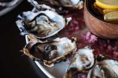 Tabakta taze istiridye, istiridyelerle servis edilen masa, restoranda limon. Gurme yemekleri.