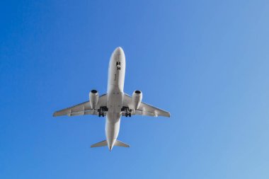 Havacılık, seyahat, hava taşıma konsepti. Mavi gökyüzünde uçak, nüfus tahliyesi.