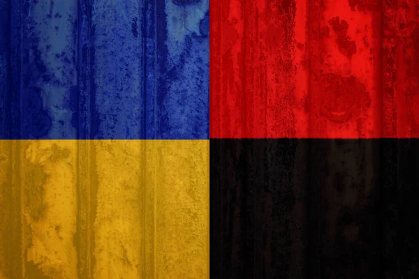 Dwie Ukraińskie Flagi Czerwono Czarna Żółto Niebieska — Zdjęcie stockowe