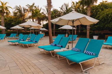 Açık şemsiyelerin altında havluyla mavi yatak havuzu güzel palmiye ağaçları, dinlenme, tatil, rahatlama zeminine karşı..