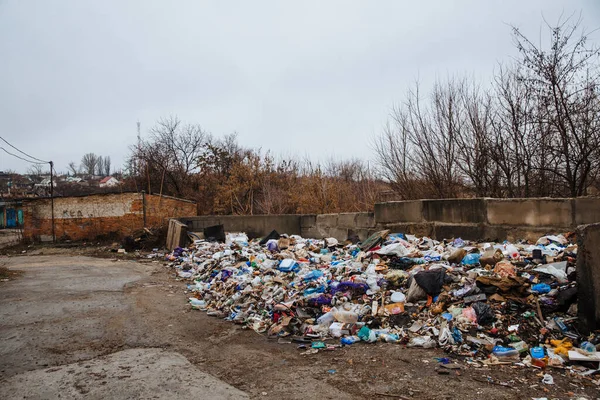 Dneprorudnoe, Ukrayna - 29 Ocak 2020: Ormanın yakınındaki çimlere çöp yığını. Ekolojik felaket. Yasadışı çöplük. Doğanın kirliliği.