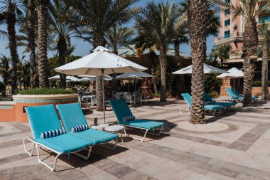 Açık şemsiyelerin altında havluyla mavi yatak havuzu güzel palmiye ağaçları, dinlenme, tatil, rahatlama zeminine karşı..