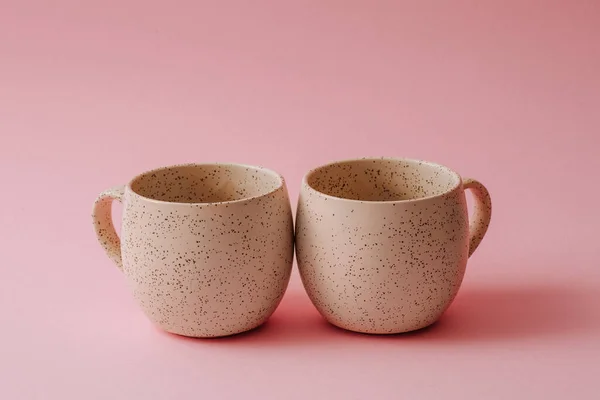 Two Porcelain Empty Cups Pink Background Copy Space — Photo