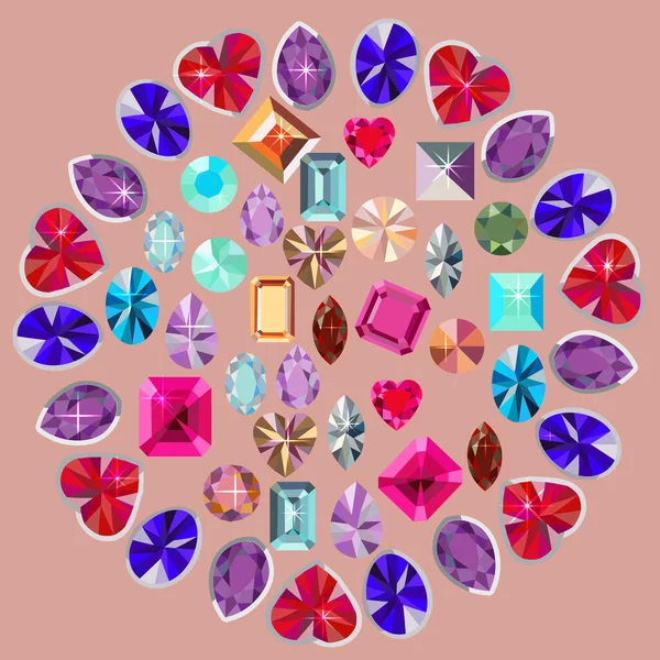 Precious stones, multi-colored, scattered in a circle. Set of precious stones. Illustration.