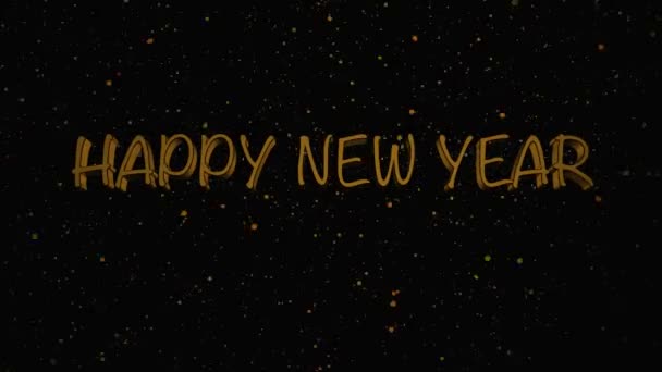 Feliz Año Nuevo saludo texto con partículas de oro sobre fondo negro. Animación 3D. — Vídeos de Stock