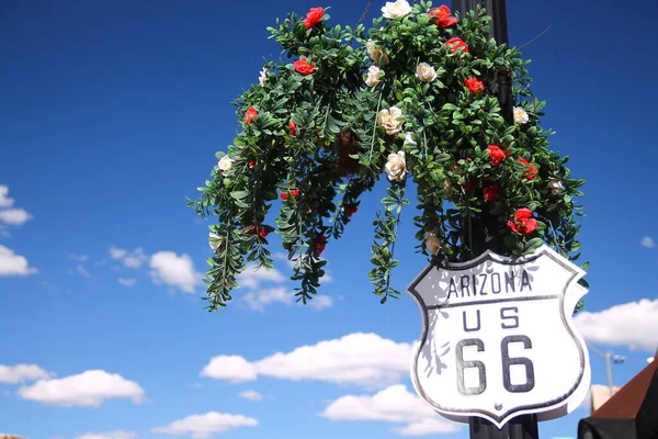 Υψηλή Έγχρωμη Πινακίδα Route Λουλούδια Μια Μαύρη Λάμπα Του Δρόμου Εικόνα Αρχείου