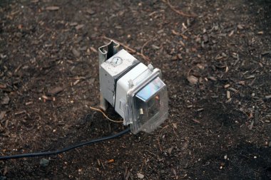 Açık havada yağmurla kaplı bir elektrik prizi ve kahverengi topraktan siyah bir kablo çıkıyor.