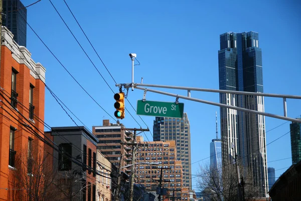Green Big Grove Street Sign Hanging Arch Pole Traffic Lights — Stock Photo, Image