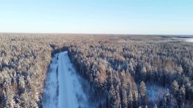 Kış günü, karla kaplı ağaçların ve karla kaplı ormanın ortasındaki bir yolun insansız hava aracı görüntüsü. Tayga veya Sibirya 'da yoğun bir kış ormanı, 4K' da panorama.