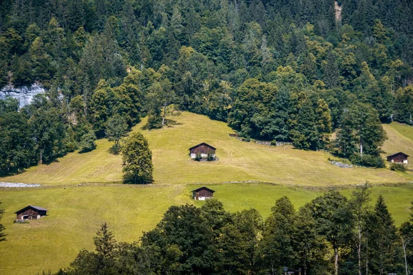 Widok na wieś ze starymi stodołami na łące w Szwajcarii — Zdjęcie stockowe