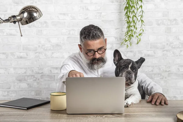 Köpeğiyle birlikte ofiste çalışan serbest çalışan bir adam.
