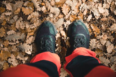 Düşen sonbahar yaprakları arasında bir dağcının ayaklarını kapat.