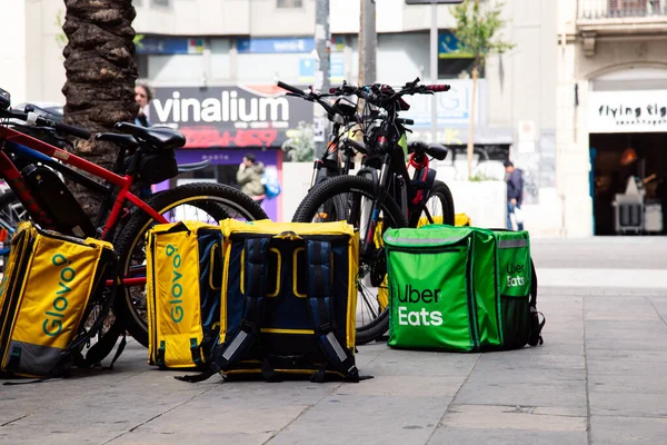 Delivery Boxes Placed Ground Waiting Delivery Customers Barcelona Spain April ストックフォト