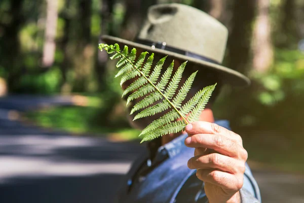 Earth day and love for nature concept with attractive man with a fern leaf on his face enjoying nature leisure activity outdoors.