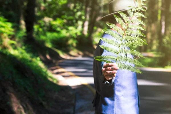 Людина Лісі Вкриває Обличчя Листям Папороті — стокове фото