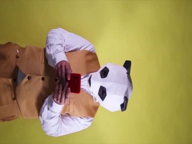 Panda kafalı heyecanlı adam sarı arka planda telefonla iyi haberler alıyor. Sosyal medya için dikey video ekranı.